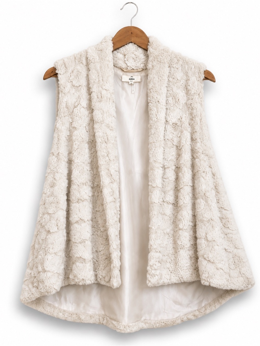Entro | Cream Faux Teddy Textured Fur Open Front Pocket Rounded Hem Lined Vest M